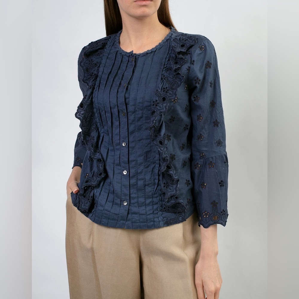 J. Crew Eyelet Lace Ruffle Bell Sleeve Blouse Size 12 Navy Blue Boho Romantic - Picture 2 of 9